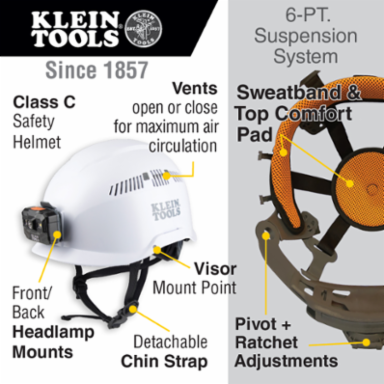 Vented Safety Helmet with Rechargeable Headlamp, 6.2 Inch Height, Type 1, Adjustable Vents