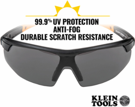 Safety Eyewear, Gray Lens, Anti-Fog, Scratch Resistant, UV Protection, Black/Orange Frame