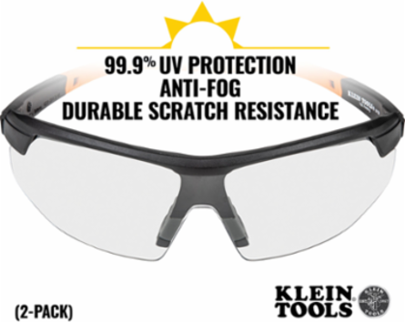 Protective Safety Glasses, Clear Lens, Anti-Fog, UV Protection, 2-Pack