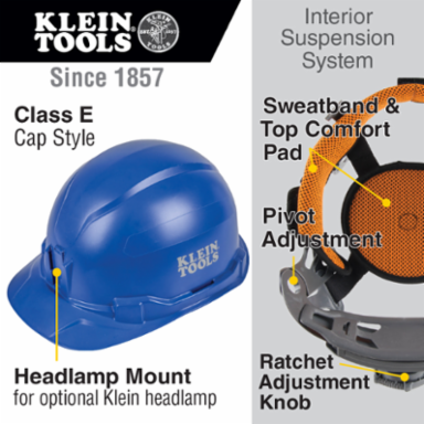 Non-Vented Cap Style Hard Hat, Blue, Class E, Tested up to 20kV, 4-Point Suspension