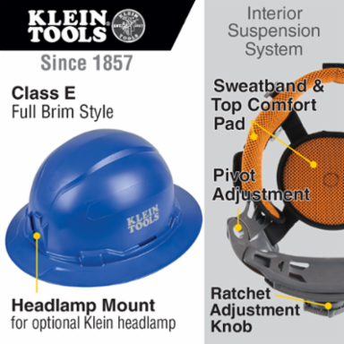 Full Brim Hard Hat, Class E, Blue, 6.5-8 Hat Size, 4-Point Suspension