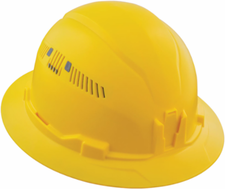 Vented Full Brim Hard Hat, Yellow, 6.5" to 8" Hat Size, Adjustable Ventilation