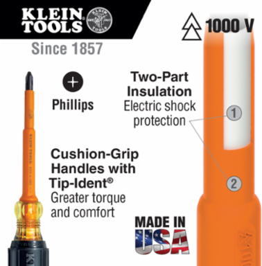 Insulated Screwdriver #2 Phillips Tip 4 Inch, 1000V Rated, High-Dielectric Plastic Handle