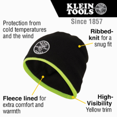 Knit Beanie with Fleece Lining, Black with High-Visibility Yellow Trim, One Size