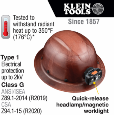 KONSTRUCT Series Full-Brim Hard Hat, Class G, 6-Point, Rechargeable Headlamp Included