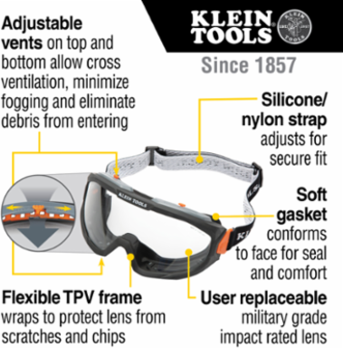 Professional Safety Goggles, Clear Lens, UV Protection, Anti-Fog, ANSI Z87.1+