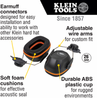 Full Brim Hard Hat Earmuffs, NRR 26dB, ABS Plastic, Comfortable Fit