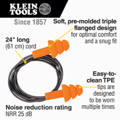 Corded Earplugs, Universal Size, NRR 25 dB, Triple Flanged Design, 6 Pairs