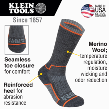 Performance Thermal Socks, Large, Merino Wool, Mid-Length, Reinforced Heel