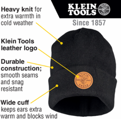 Black Heavy Knit Hat - One Size Fits Most, 98% Polyester, Leather Logo