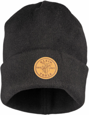 Black Heavy Knit Hat - One Size Fits Most, 98% Polyester, Leather Logo