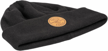 Black Heavy Knit Hat - One Size Fits Most, 98% Polyester, Leather Logo