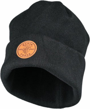 Black Heavy Knit Hat - One Size Fits Most, 98% Polyester, Leather Logo
