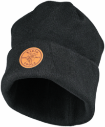 Black Heavy Knit Hat - One Size Fits Most, 98% Polyester, Leather Logo