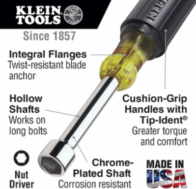 9/16 Inch Hollow Shaft Nut Driver 4 Inch Shaft, Steel, Cushion-Grip Handle, USA Made