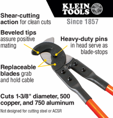 Standard Cable Cutter 25 Inch, 1-3/8 Inch Diameter Capacity for Copper and Aluminum