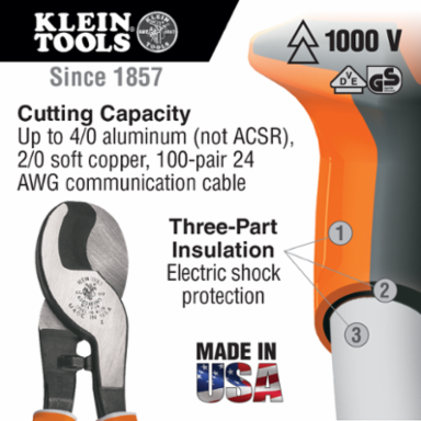 Insulated Cable Cutter 1000V Rated, Cuts 4/0 Aluminum, 9.625 Inch Length