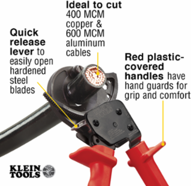 Ratcheting Cable Cutter, Cuts 600 MCM Copper & 750 MCM Aluminum, 10.25 Inch Length