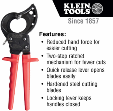 Ratcheting Cable Cutter, Cuts 600 MCM Copper & 750 MCM Aluminum, 10.25 Inch Length