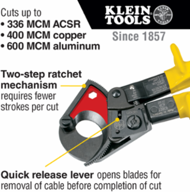 Ratcheting Cable Cutter - Cuts 336 MCM ACSR & 400 MCM Copper, 10.25 Inch Length, 1.5 lbs