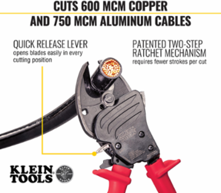 Open Jaw Ratcheting Cable Cutter, Cuts up to 600 MCM Copper & 750 MCM Aluminum