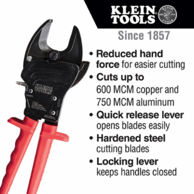 Open Jaw Ratcheting Cable Cutter, Cuts up to 600 MCM Copper & 750 MCM Aluminum