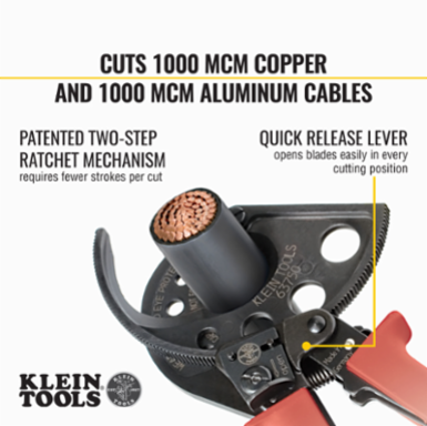 Ratcheting Cable Cutter 1000 MCM, Cuts up to 1000 MCM Copper/Aluminum, 12.125 Inch Length