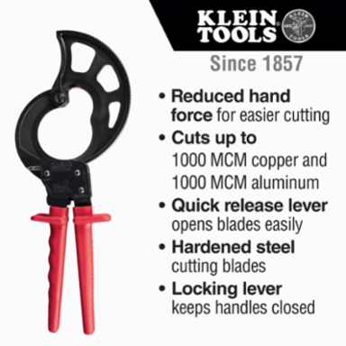 Ratcheting Cable Cutter 1000 MCM, Cuts up to 1000 MCM Copper/Aluminum, 12.125 Inch Length