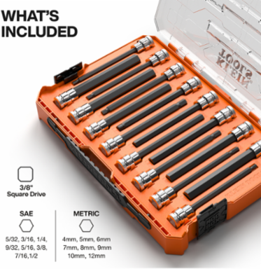 Long Hex Bit Socket Set, SAE and Metric, 16-Piece