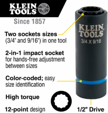 2-in-1 Impact Socket, 12-Point, 3/4 Inch & 9/16 Inch, 1/2 Inch Drive