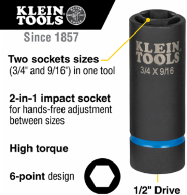 2-in-1 Impact Socket, 6-Point, 3/4 Inch and 9/16 Inch, 1/2 Inch Drive, Impact Rated