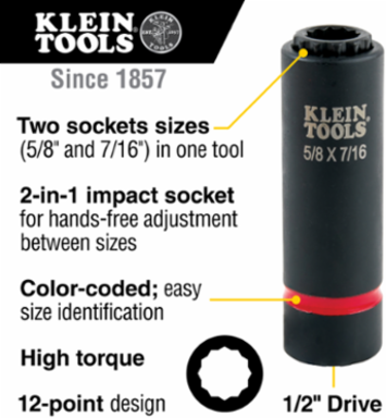Impact Socket, 1/2 Inch Drive, 12-Point, 5/8 and 7/16 Inch, 4140 Steel