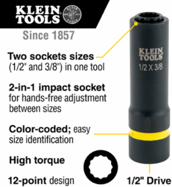 2-in-1 Impact Socket, 12-Point, 1-1/8 & 15/16-Inch, 1/2-Inch Drive, 4140 Steel