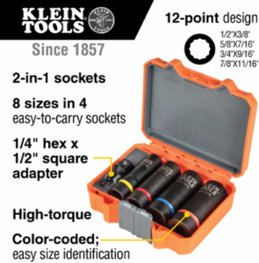 2-in-1 Impact Socket Set, 5-Piece, 12-Point Design, 7/8 x 11/16-Inch to 1/2 x 3/8-Inch