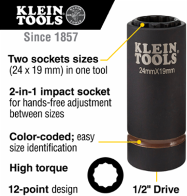 2-in-1 Impact Socket, 24 x 19 mm, 12-Point, 1/2-Inch Drive