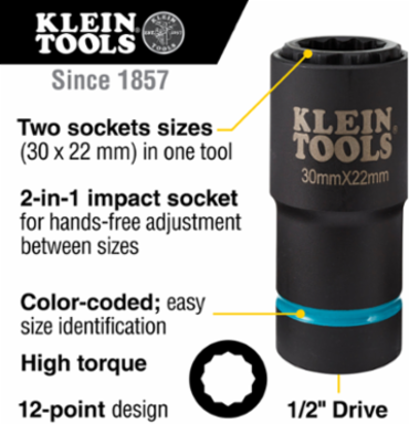 2-in-1 Metric Impact Socket with 12-Point Design, 30 x 22 mm, 1/2-Inch Drive