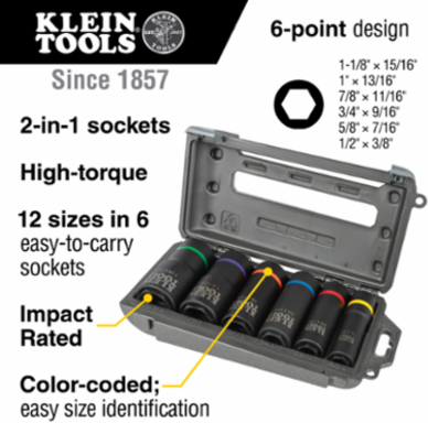 2-in-1 Impact Socket Set, 6-Piece, 1/2-Inch Drive, 6-Point Design