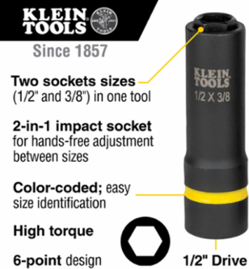 2-in-1 Impact Socket, 6-Point, 1/2 x 3/8 Inch, 3 Inch Long, 4140 Steel