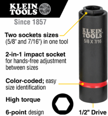2-in-1 Impact Socket 6-Point 5/8 x 7/16 Inch Drive, 4140 Steel