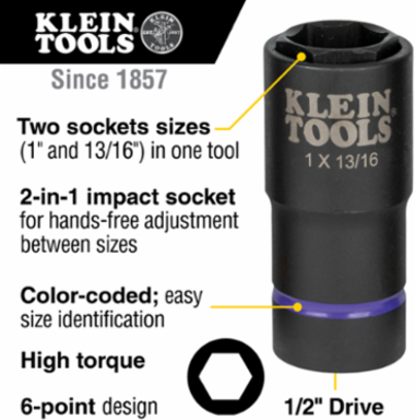 2-in-1 Impact Socket, 1 x 13/16 Inch, 6-Point, 1/2 Inch Drive