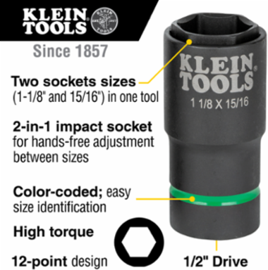 2-in-1 Impact Socket, 6-Point, 1-1/8 x 15/16 Inch, 1/2 Inch Drive