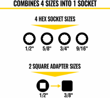 Flip Quad Socket Adapter, 1/2 to 3/8 Inch