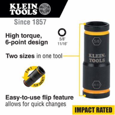 Flip Impact Socket 11/16 Inch & 5/8 Inch, 6-Point Design, 1/4 Inch Hex Drive