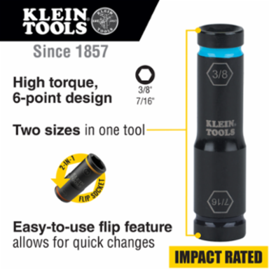 Flip Impact Socket 7/16 Inch & 3/8 Inch, Impact Rated, 6-Point Design