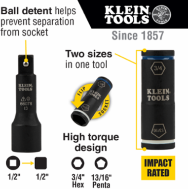 Impact Rated 2-in-1 Penta/Hex Flip Socket, 13/16 Inch Penta, 3/4 Inch Hex
