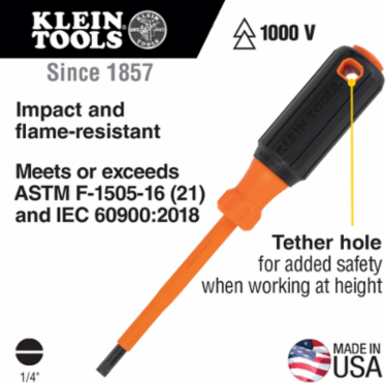 Insulated Screwdriver 1/4 Inch Cabinet Tip 4 Inch Round Shank, 1000V Rated