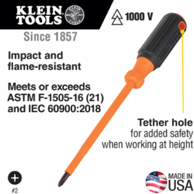 Insulated Screwdriver #2 Phillips Tip 4 Inch Round Shank, 1000V Rated
