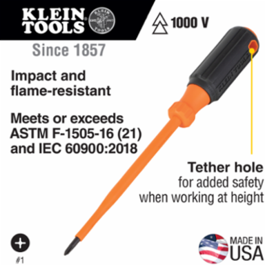 Insulated Screwdriver #1 Phillips 6 Inch Round Shank, 1000V Rated