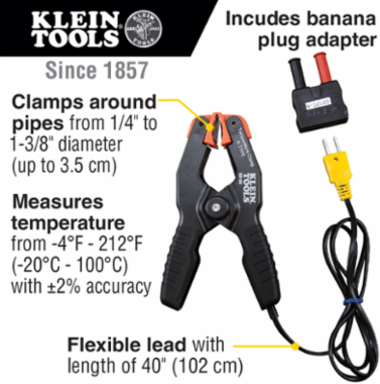 K-Type Temperature Pipe Clamp, 1/4 to 1-3/8 Inch Diameter, -4 to 212 F