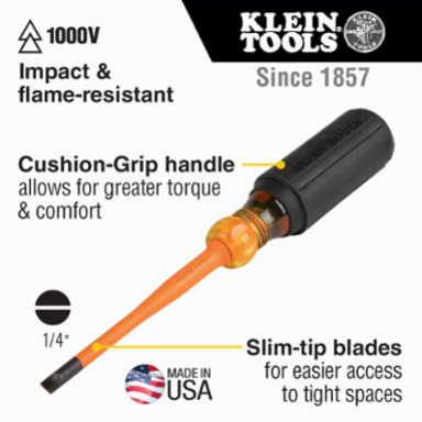 Slim-Tip 1000V Insulated Screwdriver, 1/4 Inch Cabinet Tip, 6 Inch Length